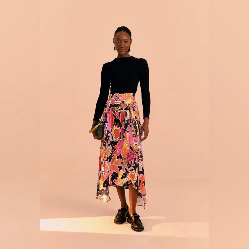 NWT Farm Rio Enchanted Nature Black Midi Skirt, XL